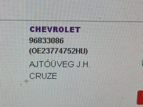 CHEVROLET CRUZE Jobb hátsó Ablak